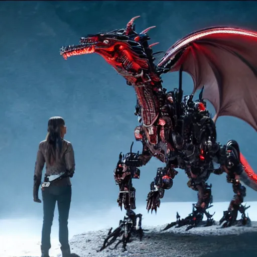 Image similar to cinematic still of westworld, a full body red stunning intricate si - fi robotic fantasy dragon, well armored mech dragon, highly detailed