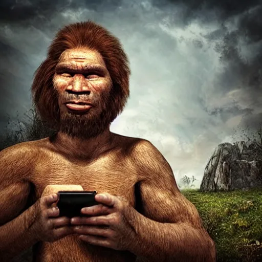 Image similar to neanderthal with a smartphone, realistic, history, old, rustic