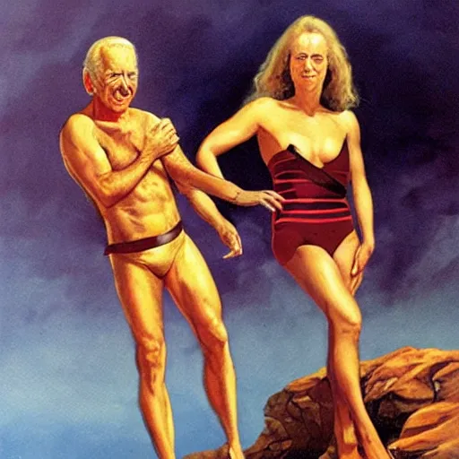 Image similar to boris vallejo portrait of joe biden wearing monokini in the movie zardoz