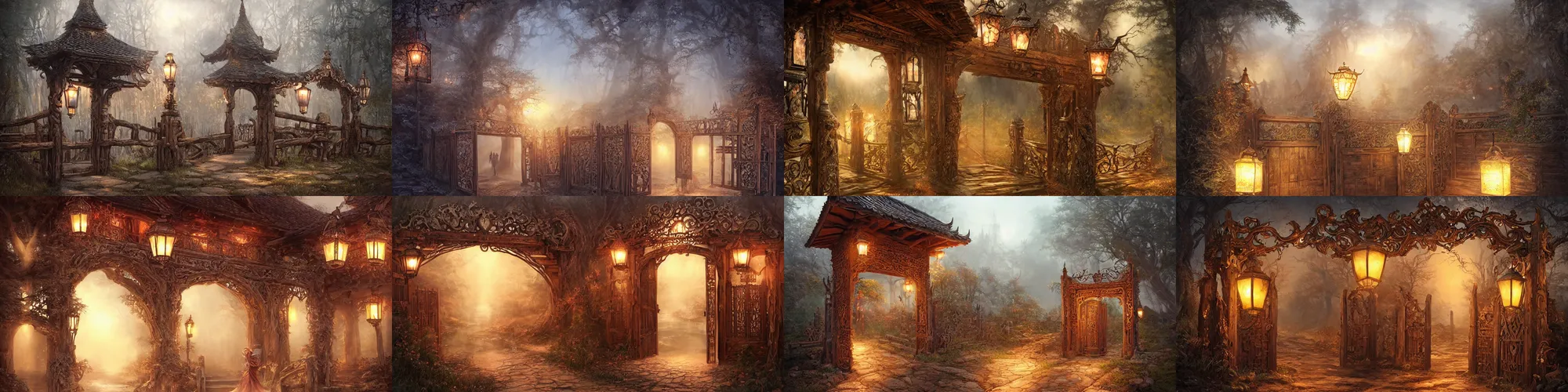 Prompt: large rustic intricately decorated wood gate leading to an old wood bridge, a view to an eerie fantasy world, glowing lanterns, ethereal back light, mist, coherent composition, detailed fantasy painting by artgerm, noriyoshi ohrai, yuumei