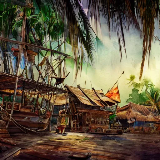 Image similar to tropical pirate shanty town, watercolor, dramatic lighting, cinematic, establishing shot, extremely high detail, foto realistic, cinematic lighting, pen and ink, intricate line drawings, post processed, concept art, artstation, matte painting, style by Steven Spielberg, Peter Jackson, art germ -800