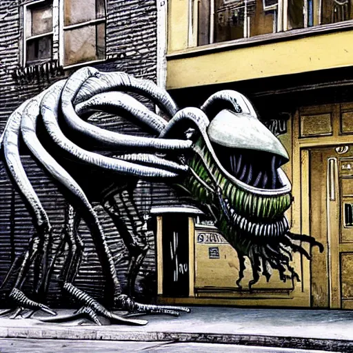 Image similar to alien monster on a city street, realistic