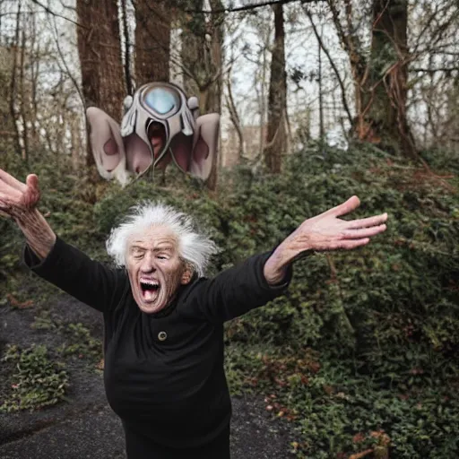 Image similar to elderly woman screaming at an alien, canon eos r 3, f / 1. 4, iso 2 0 0, 1 / 1 6 0 s, 8 k, raw, unedited, symmetrical balance, wide angle