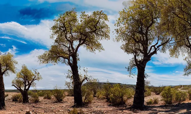 Image similar to panorama of a weather phenomemon where big raindrops fly upwards into the perfect cloudless blue sky from a dried up river in a desolate land, dead trees, blue sky, hot and sunny highly-detailed, elegant, dramatic lighting, artstation, 4k, cinematic landscape, photograph by Elisabeth Gadd, National Geographic