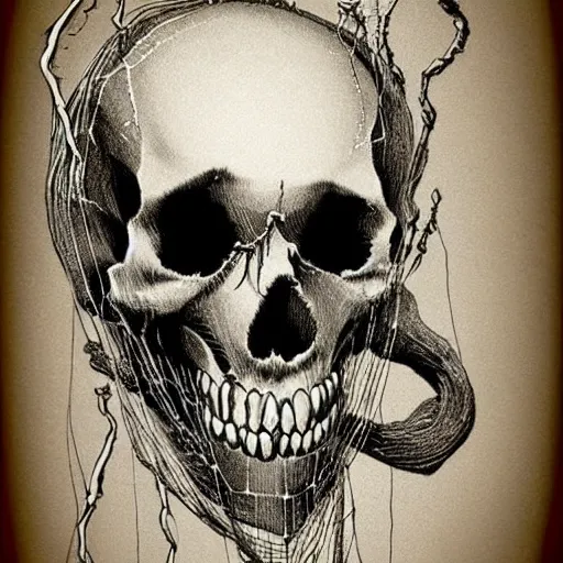 Image similar to nightmare ghost skull death bones fear terror horrifying demon cobweb spindly spider web haunting