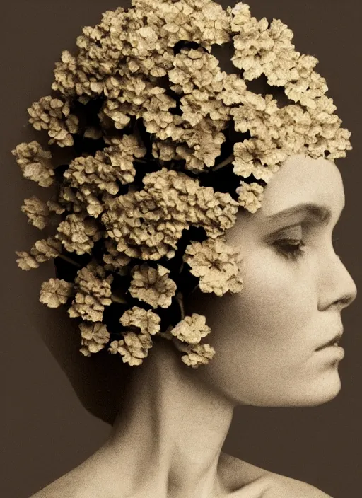 Image similar to a woman's face in profile, made of hydrangea skeleton, in the style of the dutch masters and gregory crewdson, dark and moody