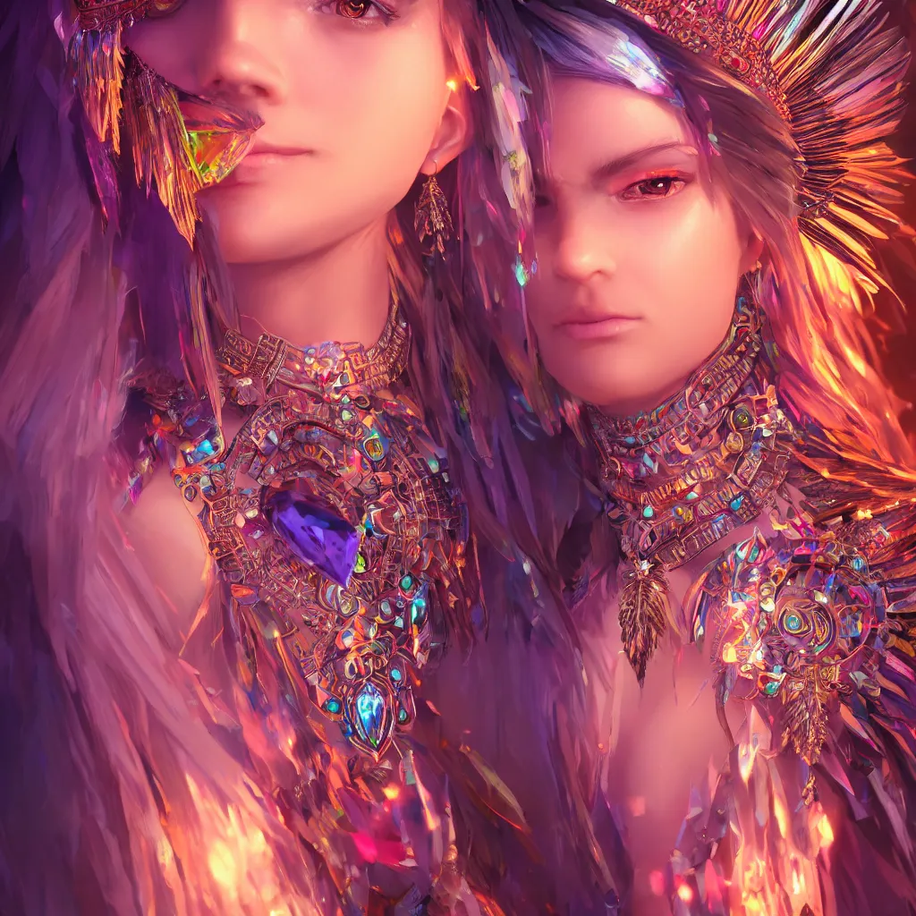 Image similar to portrait highly detailed beautiful symmetrical face high priestess intricate elegant detailed crystal jewellery with tribal feathers, lush colourful volumetric lighting, anime digital painting, concept art, smooth, sharp focus 3 d, divine realm of gods, realistic cinematic style, octane render, photographic, unreal engine 8 k