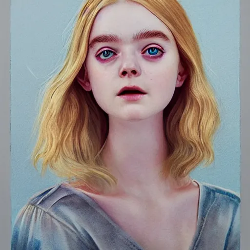 Image similar to a striking hyper real illustration of Elle Fanning by Antoine Caëcke