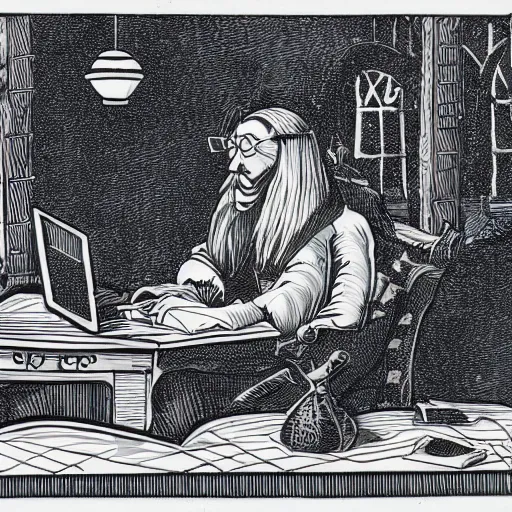 Prompt: Book illustration of a wizard using a computer in his enchanted study