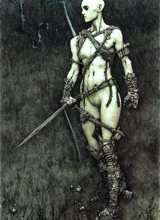 Prompt: bald barbarian girl by Beksinski and Arthur Rackham