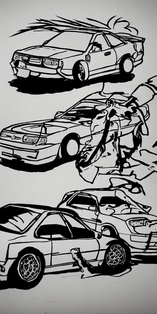 Image similar to man driving a import japanese car drawn in the style of Initial D