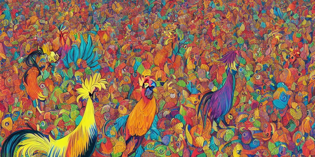 Prompt: colorful illustration of a million fighting roosters, mix of styles, abstract, surreal, intricate, highly detailed