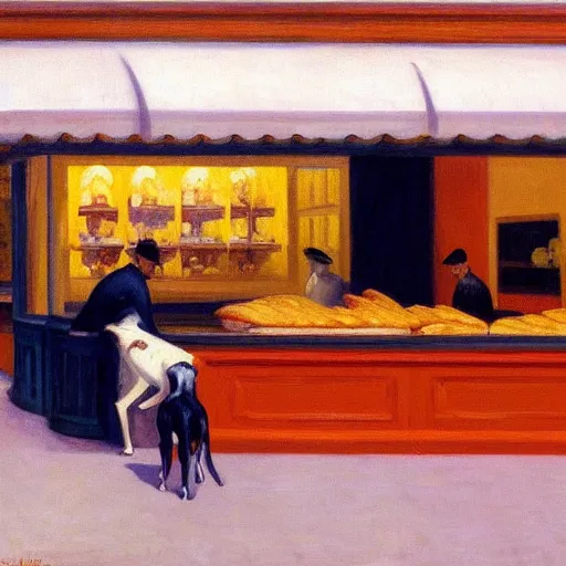 Prompt: dog eating croissants in paris, by edward hopper