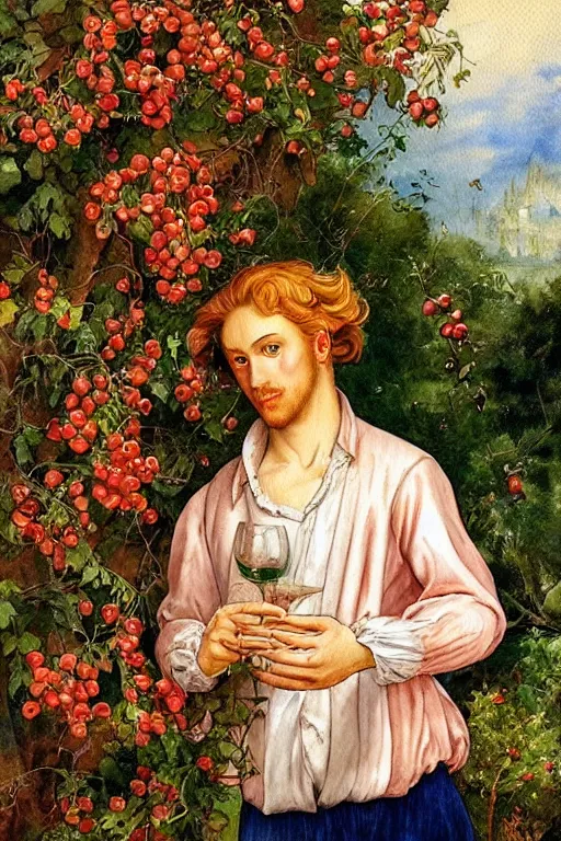 Prompt: intricate beautiful medium - shot, watercolor illustration, the man, blonde reddish hair, in green and pink clothes of 1 7 th century, holds wine glass, pomegranates and flowers, in the garden, by sezanne, by rutkowsky, by kinkade, wlop, artgerm, botticelli, matte painting, renaissance painting