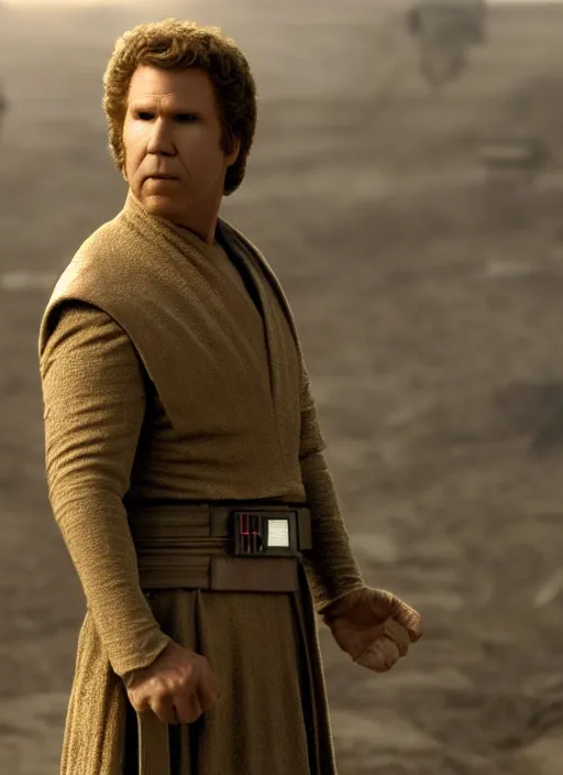 Image similar to will ferrell in star wars, movie still frame, cinematic, 4 k