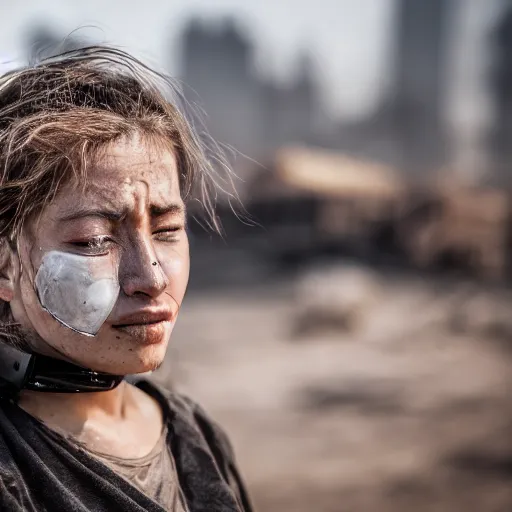 Image similar to photographic portrait of a poor techwear woman holding back tears, a futuristic shanty town burns in the background, closeup, sigma 85mm f/1.4, 4k, depth of field, high resolution, 4k, 8k, hd, full color