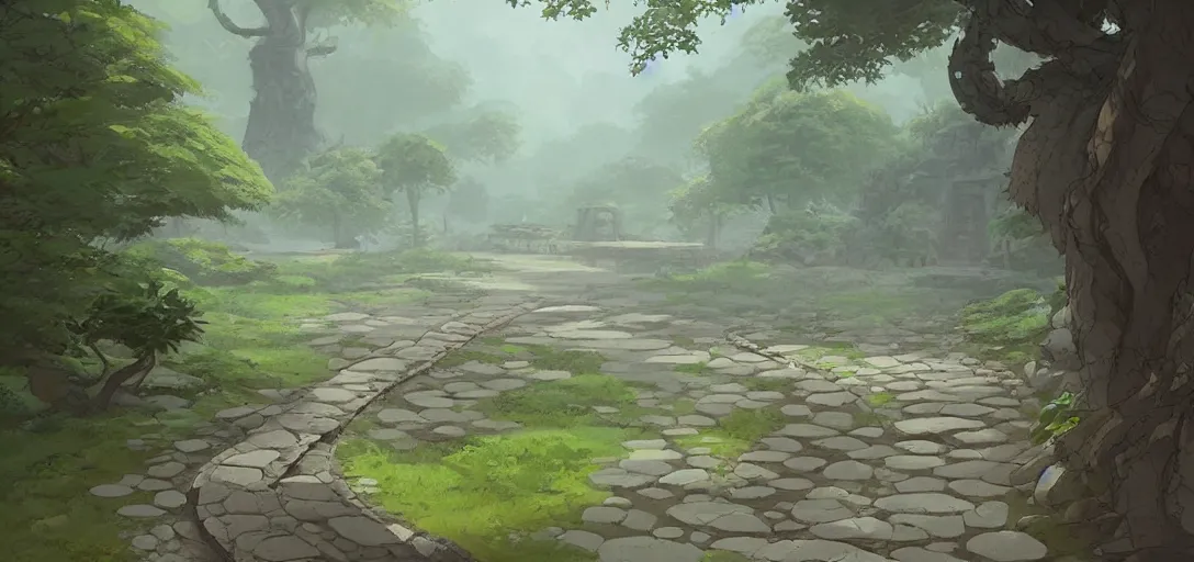 Prompt: concept art by sylvain sarrailh of an stone path leading to an abandonned asian temple, asiatic forest, studio ghibli