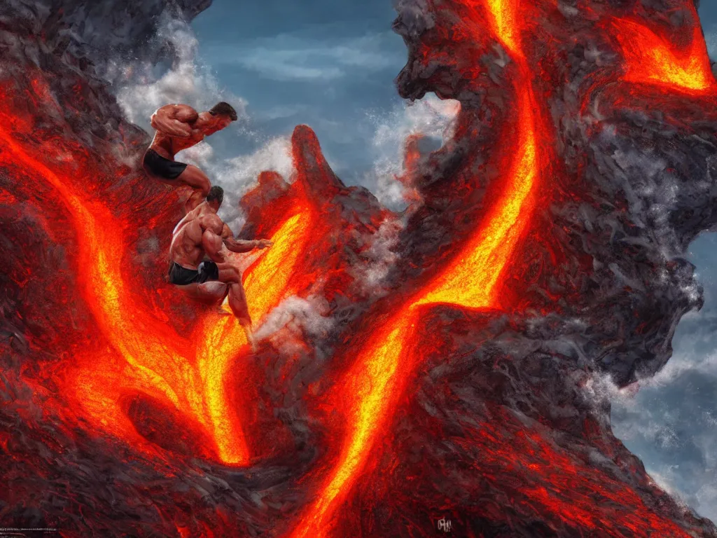 Image similar to arnold schwarzenegger surfing on lava, muscular, erupting volcano, stunning scene, 8 k, extremely detailed digital painting, depth, bright colors, trending on artstation