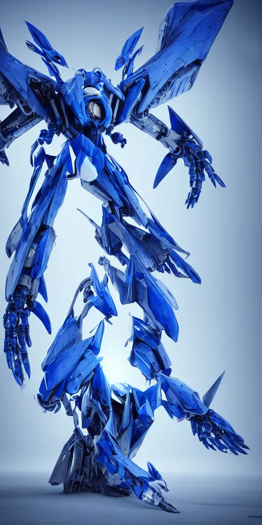 Prompt: a blue and white winged humanoid mecha dragon, octane render, photorealistic, 3D