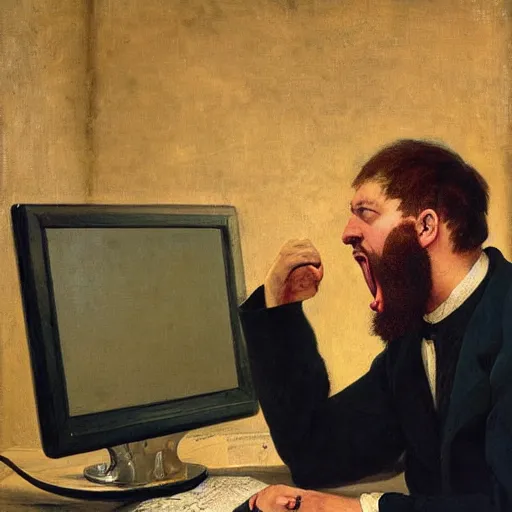 Image similar to an angry man yells at his computer monitor, oil on canvas, 1 8 8 3, highly detailed