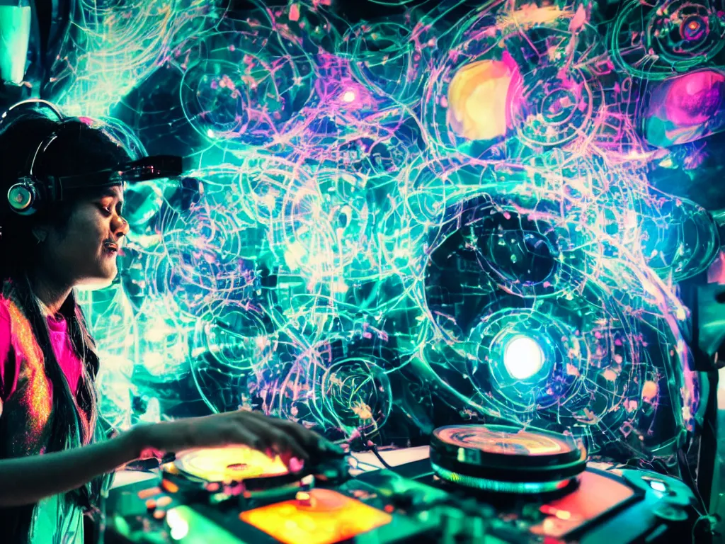 Image similar to an indian woman wearing goggles and visor and headphones using a retro record player contraption, hologram, turntablism dj scratching, screens, smoky atmosphere, intricate planetary gears, cinematic, imax, sharp focus, leds, bokeh, iridescent, black light, fog machine, hazy, lasers, hyper color digital art