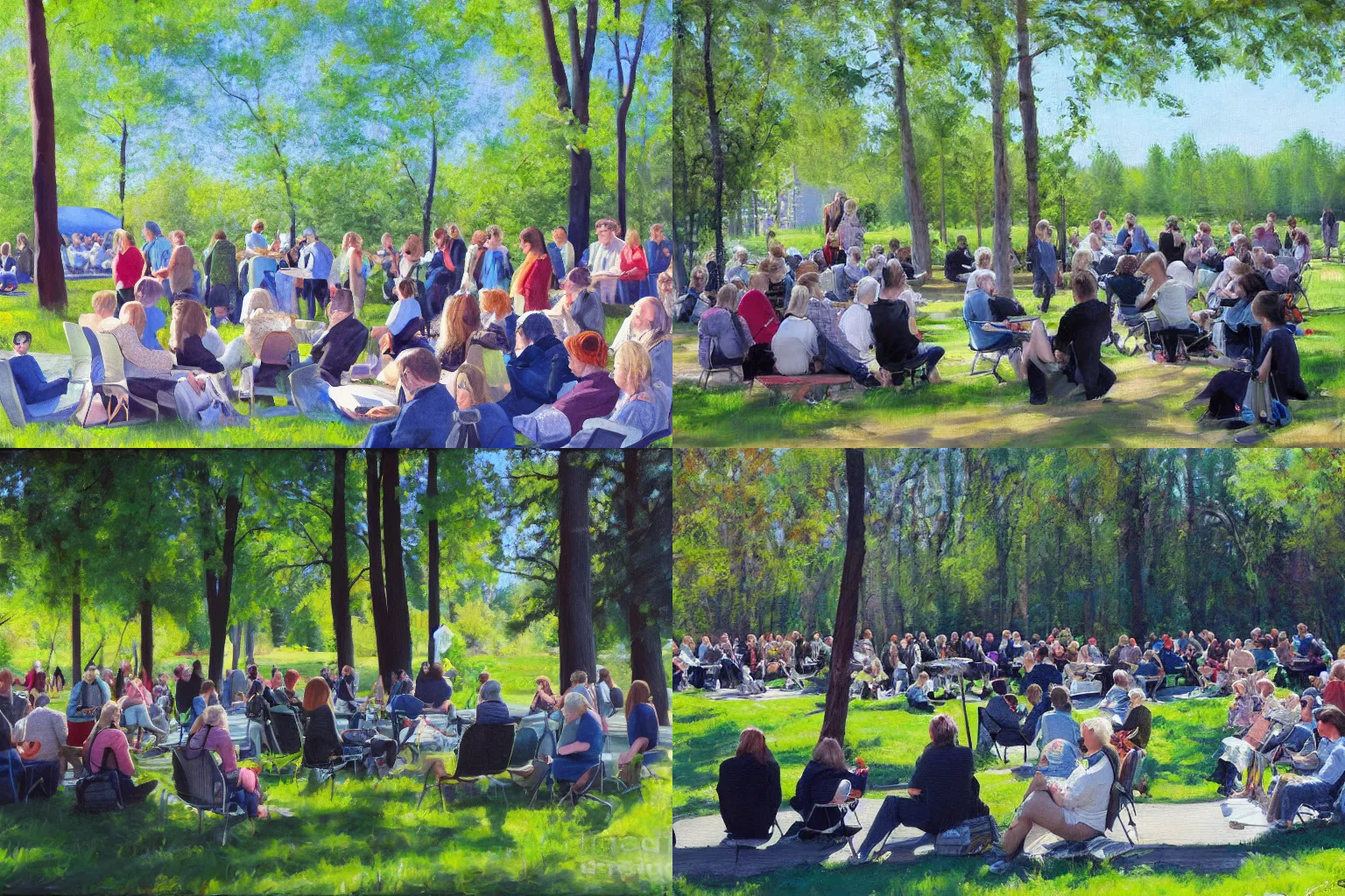 Prompt: finnish digital art society meeting in a park in a sunny weather, oil painting,