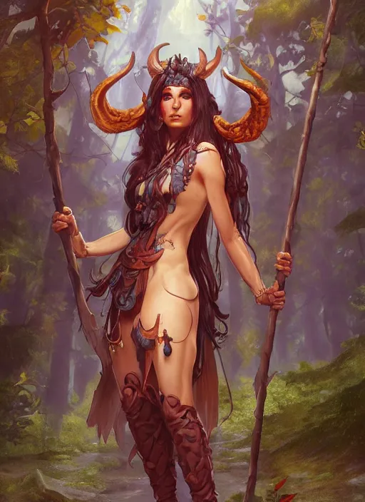 Image similar to cute Tiefling Druid with long horns, colorful leaves on light leather armor, holding tree staff, ,demon tail light-brown skin, highly detailed, digital painting, artstation, concept art, sharp focus, illustration, art by artgerm and greg rutkowski and alphonse mucha