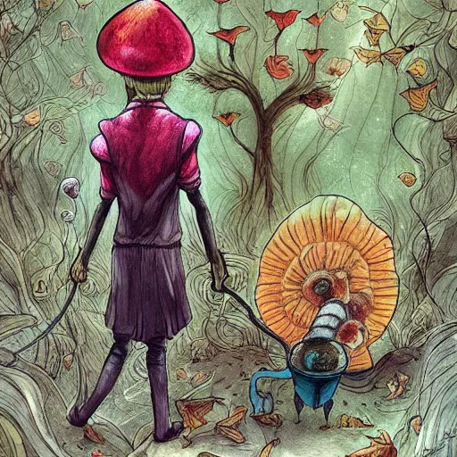 Image similar to Hell and heaven, captured in bottles, an elderly mushroom walking their pet snail, The Autumn Plague Gardener, the theme of Alice in Wonderland, digital painting, its softness partakes of fluidity, illustration, deep dark, artstation, intricate, biodiversity in a world of change and constancy, ue5, by deiv calviz and bossmonsterbani