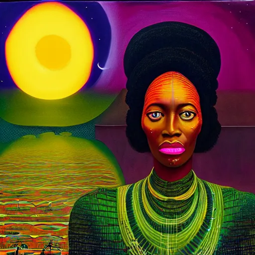 Image similar to an african queen activating her 3rd eye in a solarpunk village by karel thole and amanda sage in a surreal portrait style, oil on canvas, 8k