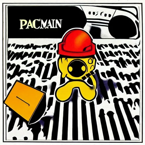 Prompt: packman as the beetles album cover, 7 0 s, acid