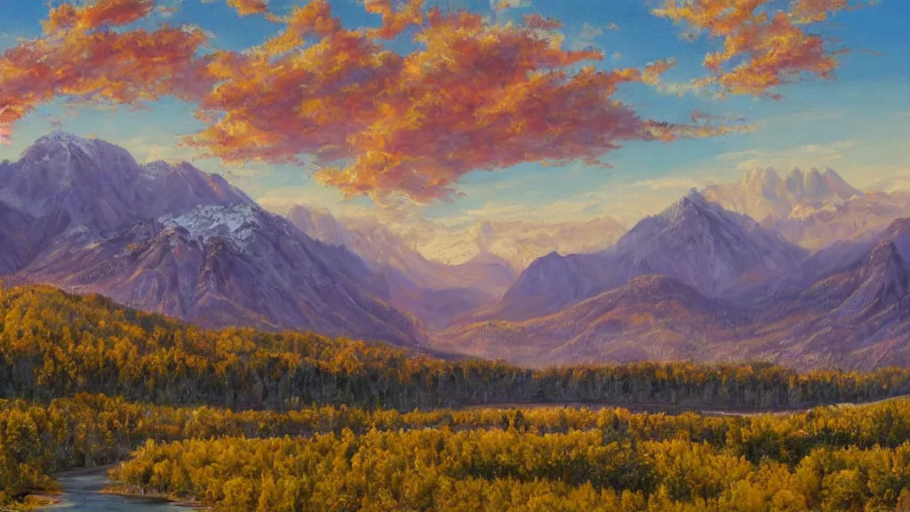 Prompt: The most beautiful panoramic landscape, oil painting, where the mountains are towering over the valley below their peaks shrouded in mist. The sun is just peeking over the horizon producing an awesome flare and the sky is ablaze with warm colors and stratus clouds. The river is winding its way through the valley and the trees are starting to turn yellow and red, by Greg Rutkowski, aerial view