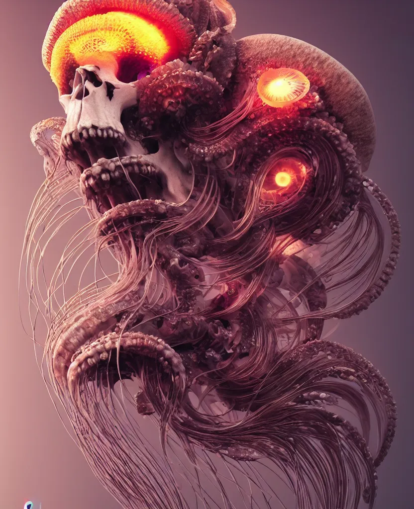 Image similar to goddess close-up portrait ram skull. jellyfish phoenix head, nautilus, orchid, ram skull, betta fish, bioluminiscent creatures, intricate artwork by Tooth Wu and wlop and beeple. octane render, trending on artstation, greg rutkowski very coherent symmetrical artwork. cinematic, hyper realism, high detail, octane render, 8k