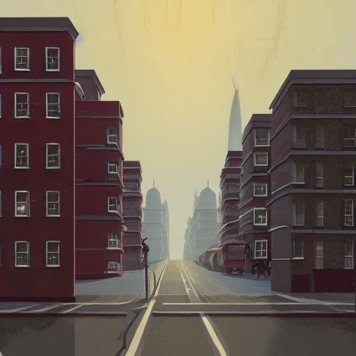 Image similar to empty London streets in the style of Simon Stalenhag