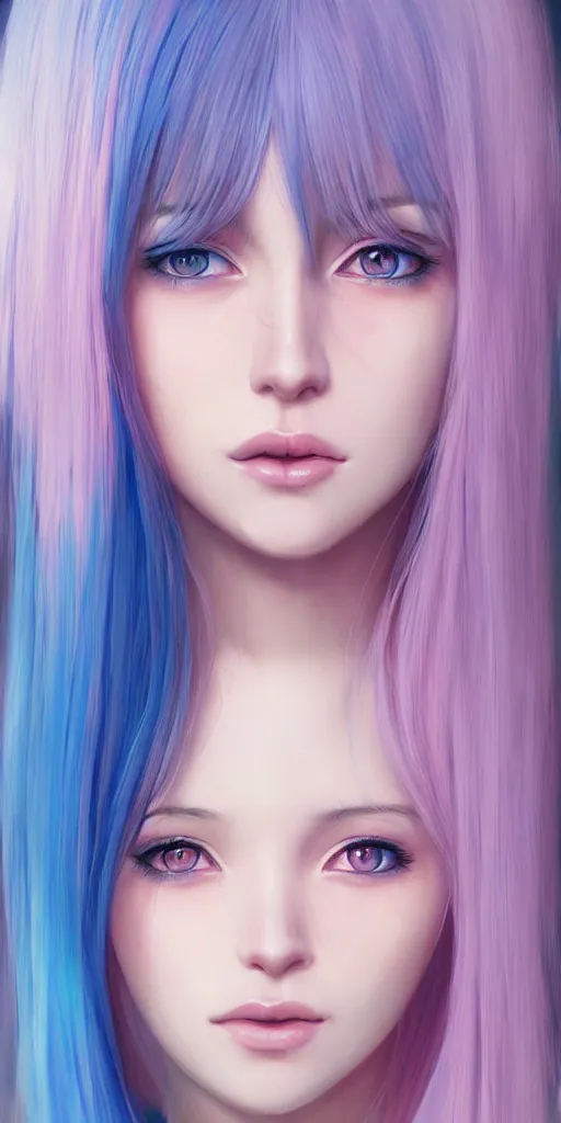 Image similar to one beautiful girl with pink and blue dyed hair, realistic female portrait, highly detailed, by ilya kuvshinov andmakoto shinkai, photorealistic