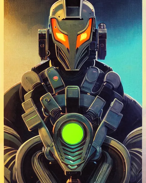 Image similar to hanzo from overwatch, cyber suit, hologram mask, character portrait, portrait, close up, concept art, intricate details, highly detailed, vintage sci - fi poster, retro future, vintage sci - fi art, in the style of chris foss, rodger dean, moebius, michael whelan, and gustave dore