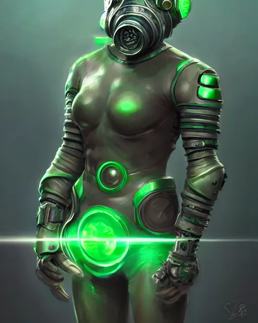 Prompt: concept art of a futuristic warrior, large tubes, green crystals in arms, futurstic sleek gas mask | | epic - fine - fine details by stanley artgerm lau, wlop, rossdraws, and sakimichan, trending on artstation, brush strokes