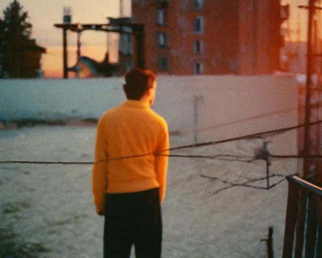 Image similar to lomo photo of pair standing on small hrushevka balcony full with cigarette smoke in small russian town looking at sunset, cinestill, bokeh