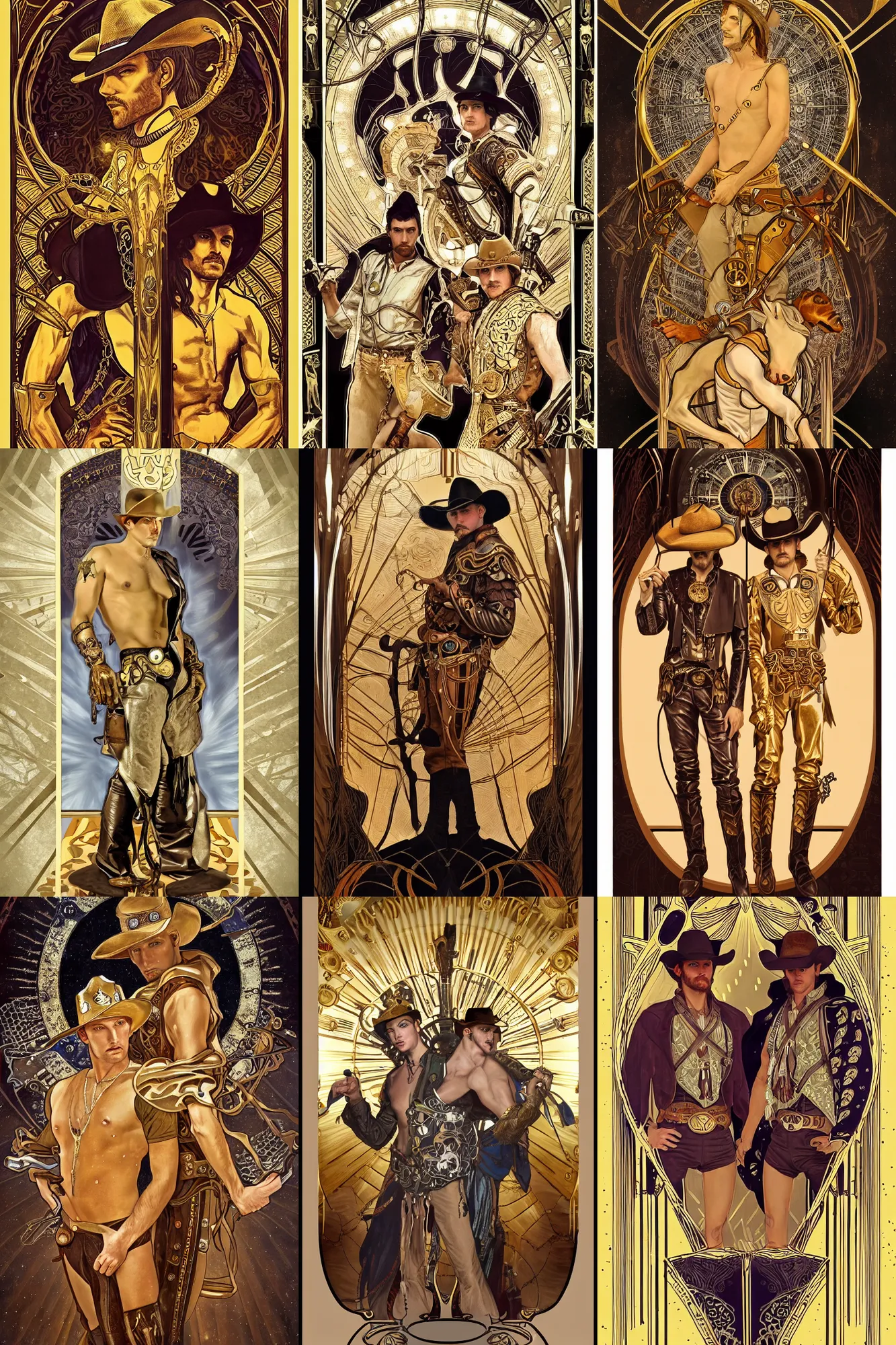 Prompt: a dramatic ethereal epic symmetrical painting of one cowboy wearing gold and one cowboy wearing silver | tarot card, art deco, art nouveau, (steampunk), homoerotic, realistic | by Mark Maggiori and ((((Alphonse Mucha))) | trending on artstation