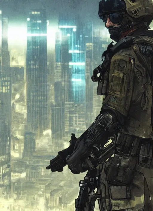 Prompt: Hector. USN special forces operator looking at city skyline. Agent wearing Futuristic stealth suit. rb6s, MGS, and splinter cell Concept art by James Gurney, Alphonso Mucha.