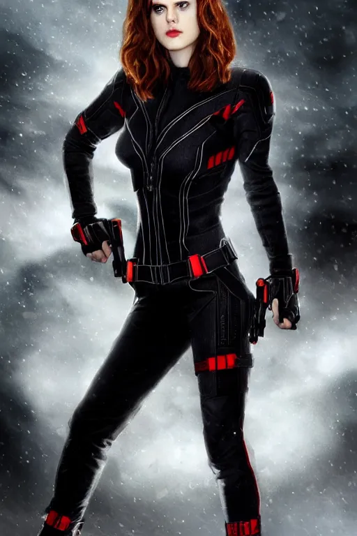 Image similar to alexandra daddario as black widow in avengers, realistic portrait photography, very detailed face