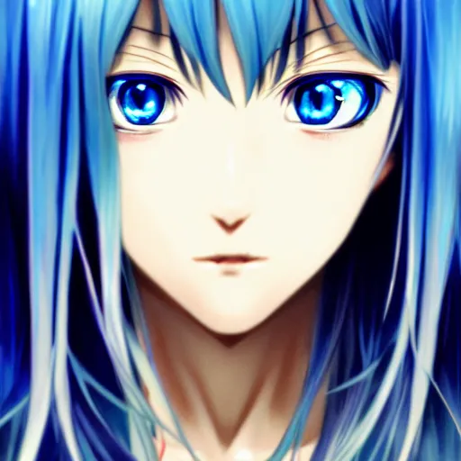 Image similar to attractive long blue - haired girl with bangs gothic anime character with / amber eye color gold / fantasy, screenshot, anime, sharp focus, intricate, illustration, cell shaded, digital painting, highly detailed, concept art, art by ilya kuvshinov and kyoto animation and wlop, and greg rutkowski, studio quality, james jean, artem demura