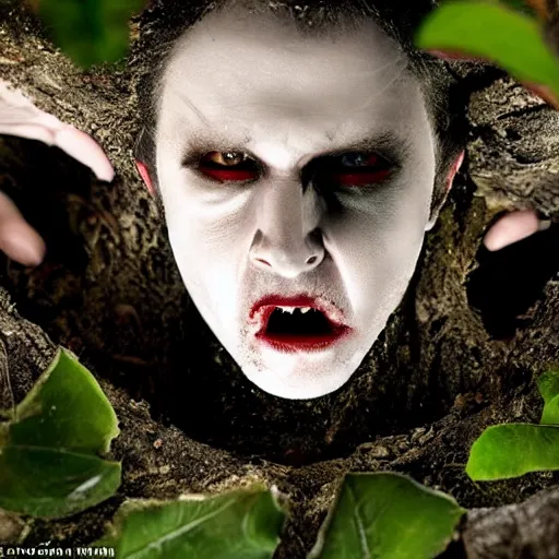 Image similar to hyper realistic horror photo of a pale, wide - eyed vampire crawling from a hole beneath a tree, cinematic, night