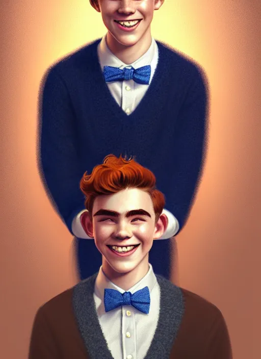 Image similar to portrait of teenage archie andrews, freckles, curly middle part haircut, curly hair, middle part hairstyle, smiling kindly, wearing a bowtie and sweater vest, intricate, elegant, glowing lights, highly detailed, digital painting, artstation, concept art, smooth, sharp focus, illustration, art by wlop, mars ravelo and greg rutkowski