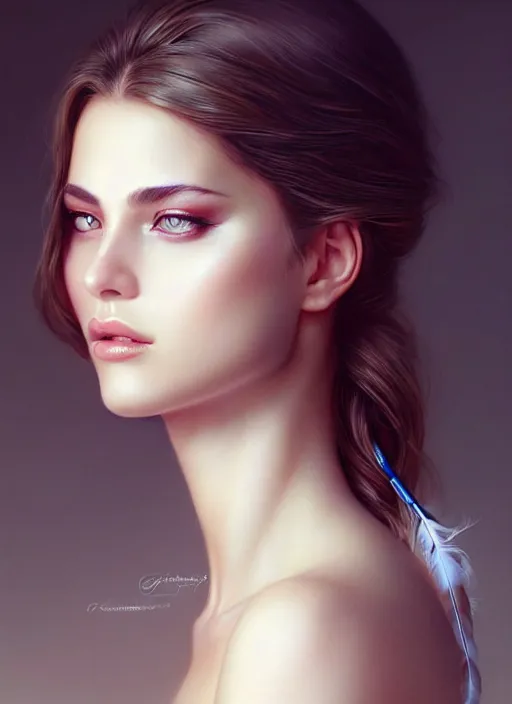 Prompt: a gorgeous female photo, professionally retouched, soft lighting, wearing a feather dress, realistic, smooth face, perfect eyes, wide angle, sharp focus on eyes, 8 k high definition, insanely detailed, intricate, elegant, art by artgerm and greg rutkowski