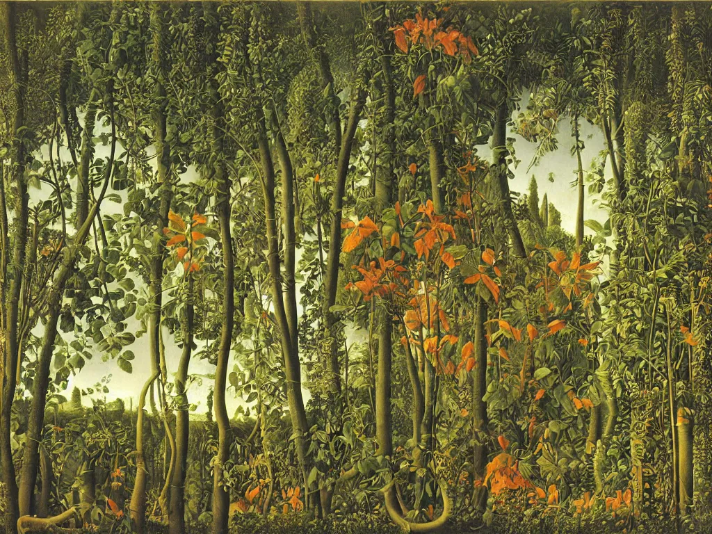 Prompt: Apocalypse with vegetation, leaves, creepers, ivy, ferns taking over the industrial metropolis, toxic, machinery, factory. Thunderstorm, autumn light. Painting by Giovanni Bellini, Henri Rousseau, Escher