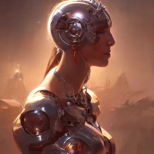 Prompt: a beautiful portrait of a cyborg goddess, a detailed painting by greg rutkowski and raymond swanland, featured on cgsociety, fantasy art, detailed painting, artstation hd, photorealistic