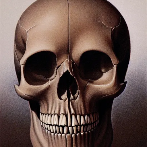 Prompt: perfectly centered portrait, front view of a skull, intense stare, symmetrical, concept art, intricate detail, volumetric shadows and lighting, realistic oil painting by tim hildebrandt
