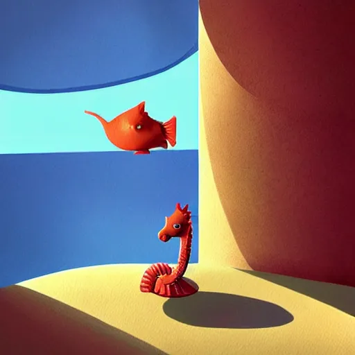 Image similar to a seahorse looking for a place to sleep, ilustration art by Goro Fujita