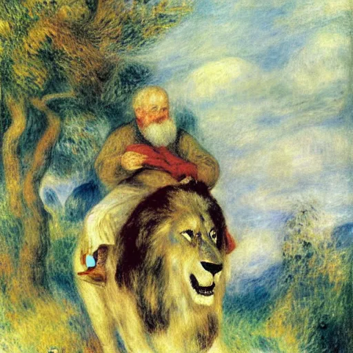 Prompt: old man ( wise long white beard wearing a hooded tunic ) riding on lions back by renoir