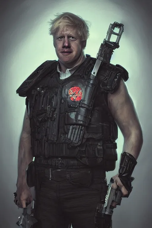 Image similar to a hyper realistic portrait of a Boris Johnson as Punisher, skull image on the vest, highly detailed, digital painting, artstation, concept art, smooth, sharp focus, illustration, cinematic lighting, art by artgerm and greg rutkowski and alphonse mucha